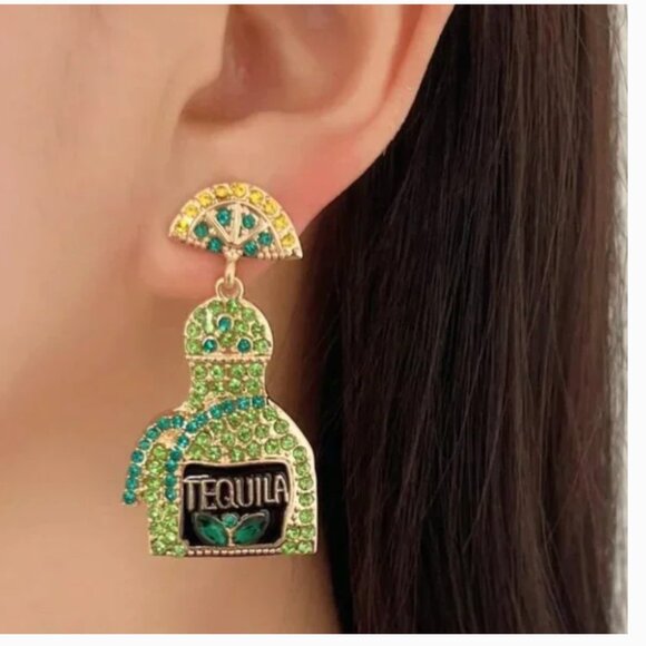 Tequila Party Rhinestone Boho Peasant Hipster Art Pop Earrings - Picture 4 of 7